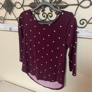 Papermoon Minnie 3Q Back Detail Brushed Knit Maroon Polka Dot Top, Size XS